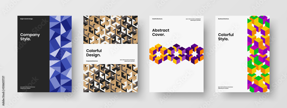 Unique geometric tiles journal cover layout bundle. Modern company brochure A4 design vector illustration set. Unique geometric tiles journal cover layout bundle. Modern company brochure A4 design vector illustration set.