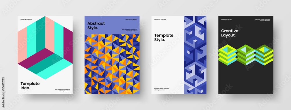 Clean corporate brochure A4 design vector template set. Simple mosaic tiles company cover illustration composition. Clean corporate brochure A4 design vector template set. Simple mosaic tiles company cover illustration composition.