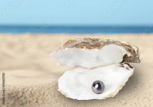 Open oyster shell with black pearl on sandy beach near sea