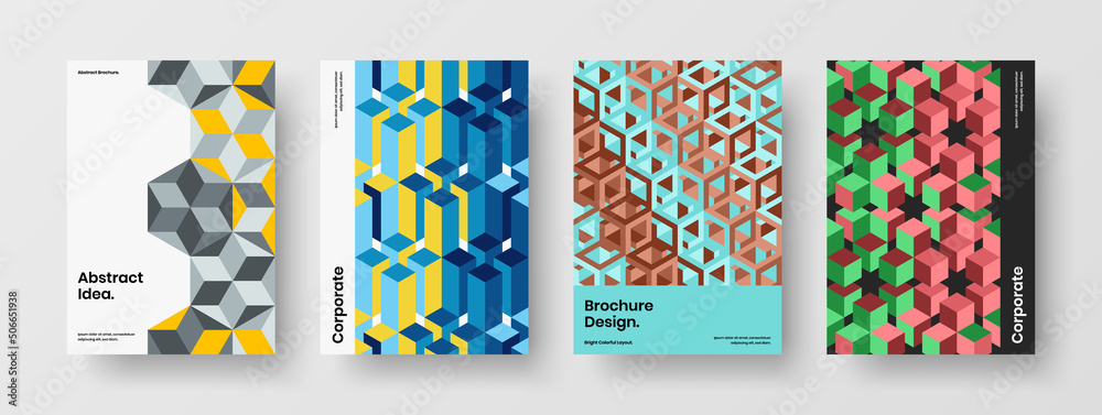Fototapeta premium Minimalistic placard design vector concept bundle. Multicolored geometric tiles company brochure layout set.