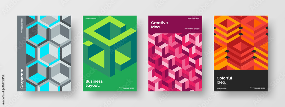 Multicolored mosaic pattern leaflet illustration bundle. Clean corporate identity A4 vector design concept collection.