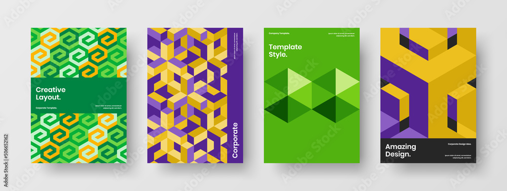 Clean mosaic shapes flyer illustration collection. Modern banner A4 vector design layout set.