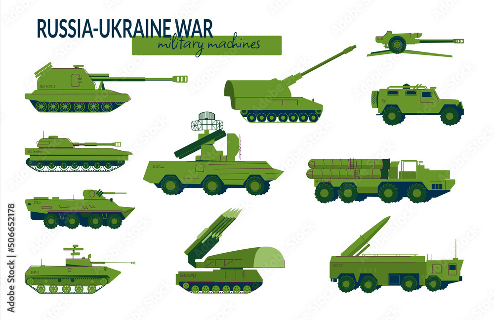A set of elements for infographics land military equipment involved in the Russian-Ukrainian war. Tanks, air defense systems, howitzers, S300. Vector illustration isolated on a white background.