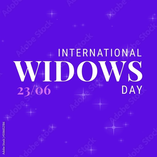 International widows day text against purple shiny background, copy space