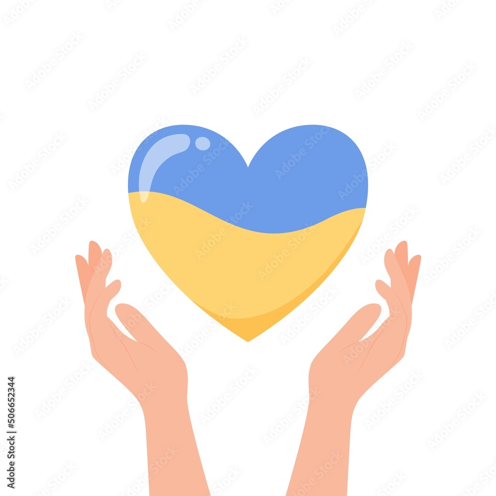 Ukraine conflict - hands with heart colored as ukrainian flag, support Ukraine. Vector illustration in flat cartoon style Ukraine conflict - hands with heart colored as ukrainian flag, support Ukraine. Vector illustration in flat cartoon style