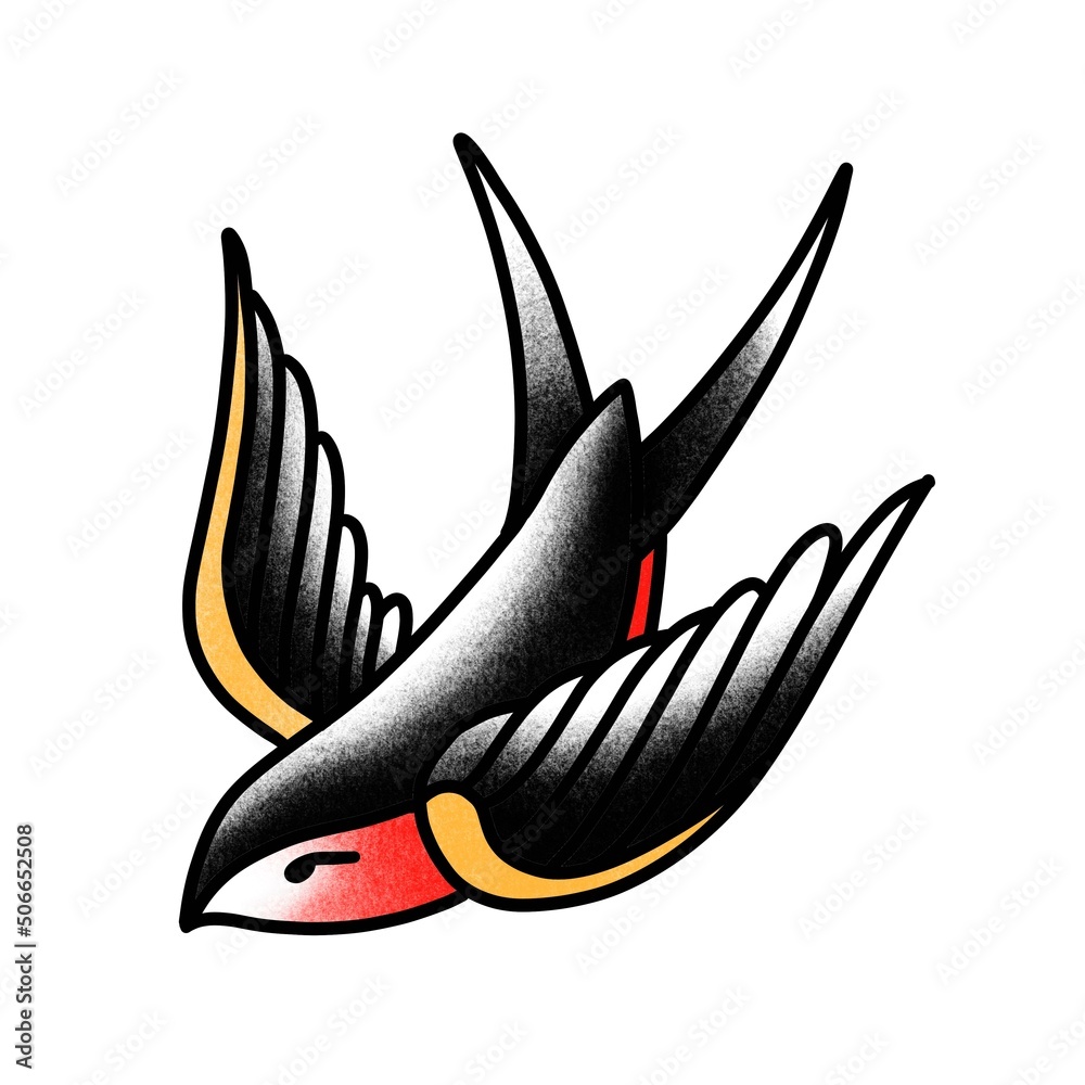 Traditional swallow tattoo on the left shoulder.