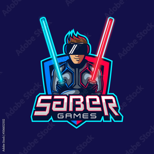 VR Gaming logo with Man wearing VR goggles and holding neon swords