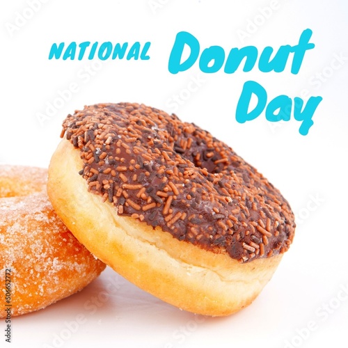 Composite of national day donut text by chocolate sprinkles on donut over white background