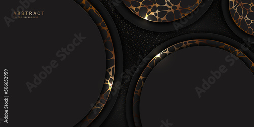 Vector abstract premium background with layered round elements, shiny glitter, gold animal print and a copy space. Luxury geometric modern banner with neurographic pattern in black and golden colors