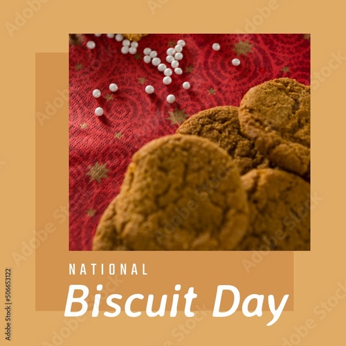 Digital composite image of chocolate biscuits on textile and national biscuit day text, copy space
