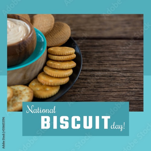 Digital composite image of snacks served on table with national biscuit day text