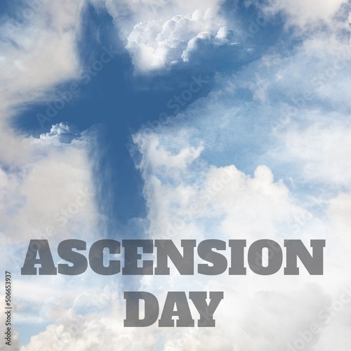 Composite of ascension day text and cross in cloudy sky, copy space