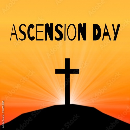 Illustration of ascension day text and cross against yellow background, copy space