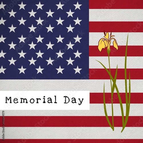 Digital composite image of memorial day text by flower over america flag with stripes and stars