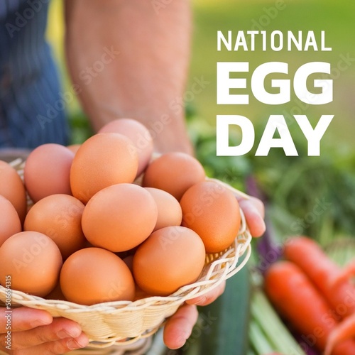 Digital composite image of national egg day text by caucasian man holding basket full of brown eggs
