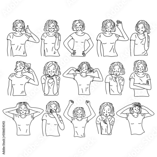 Collection of emotional young girl in different poses and different facial expressions. Black and white vector isolated illustration set hand drawn. Darkness and surprise, laughter and playfulness