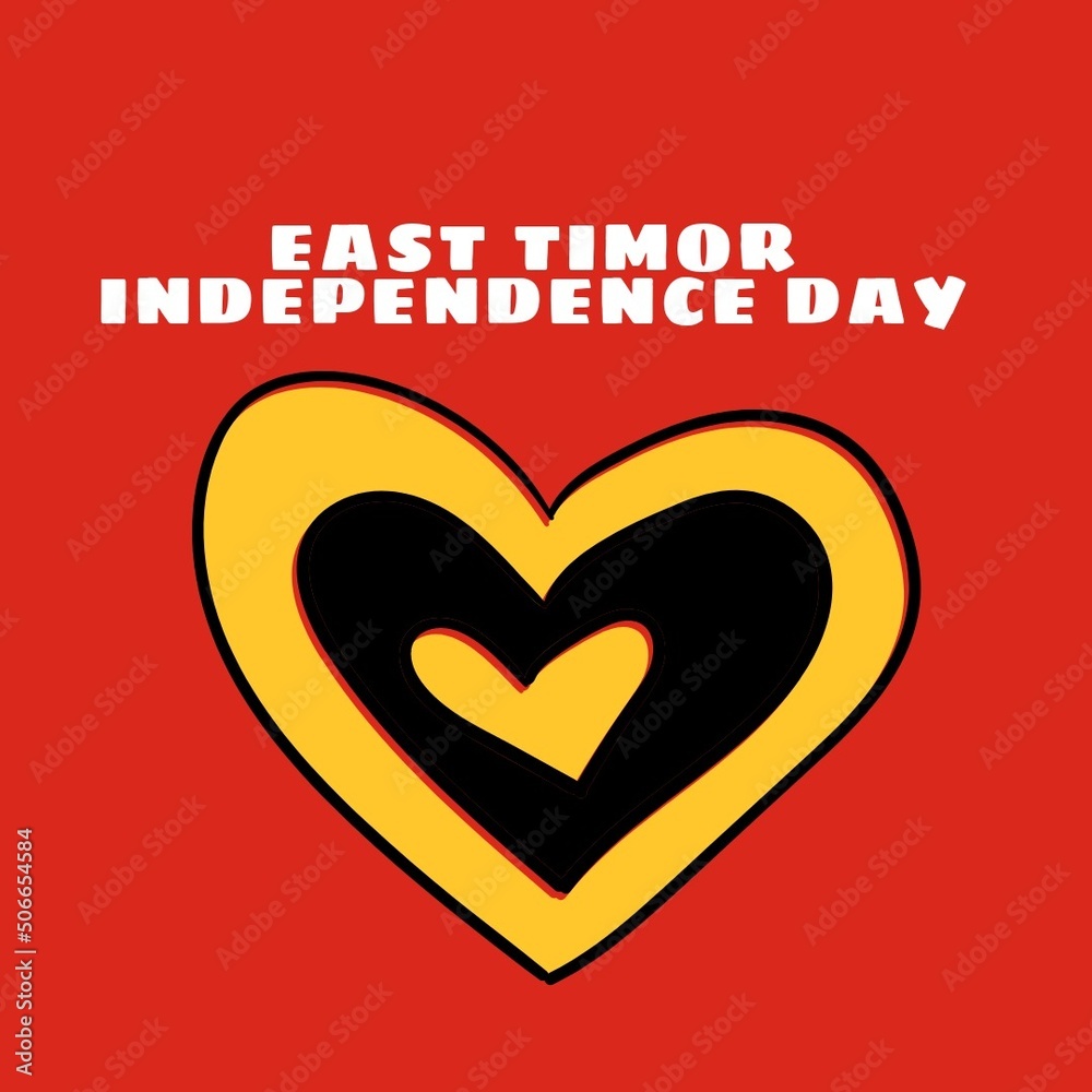 Illustration of east timor independence day text with yellow and black heart on red background