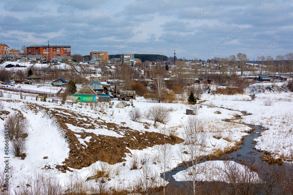 View of the Pocha River on the outskirts of the urban-type settlement of Yashkino
