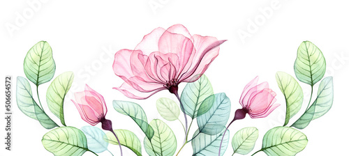 Watercolor rose floral arrangement of pink flowers, buds and eucalyptus leaves. Big horizontal border. Transparent hand drawn illustration for wedding stationery, card print, artwork © Katerina Kolberg