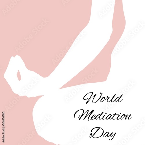 Illustration of world meditation day text and woman meditating on pink background, copy space