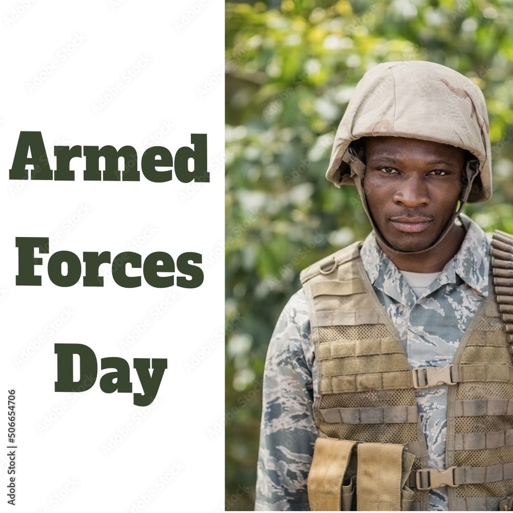 Composite of armed forces day text and portrait of young african american army soldier, copy space