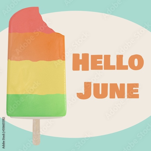 Digital composite image of hello june text by multi colored ice cream against abstract background