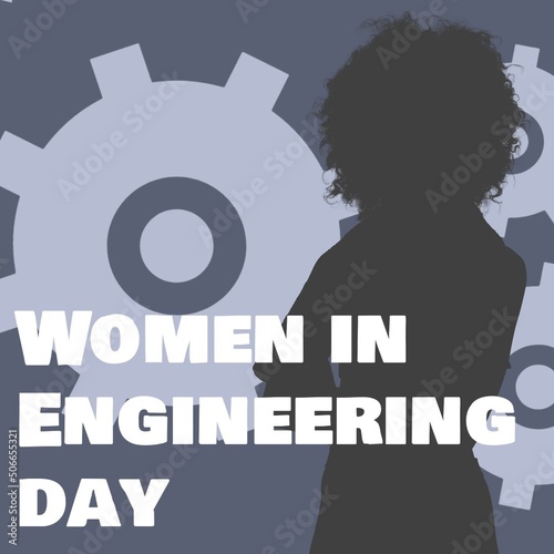 Illustration of women in engineering day text with woman gear against blue background, copy space