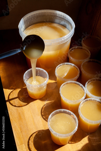 Apiculteur remplissant avec une louche des pots de miel posés sur une  table à coté du seau contenant la récolte  photo