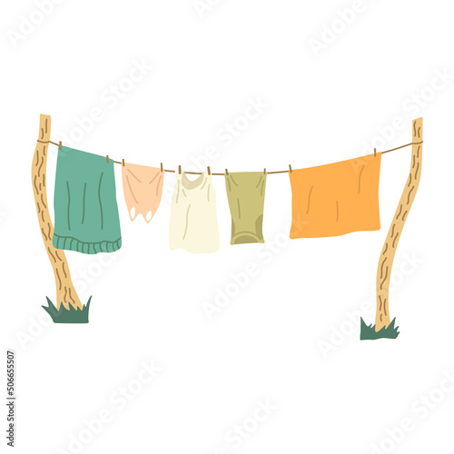 Washed clothes dry outside on a rope stretched between trees. Colorful vector isolated illustration hand drawn. Free life outside the city