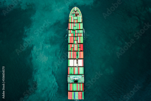 container ship sailing fulll speed to transport goods in containers for import export internationally and worldwide, business services transportation by container ship open sea, aerial top view © SHUTTER DIN