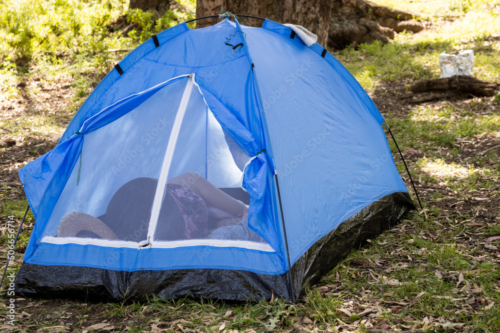 Woman sleeping in tent in field