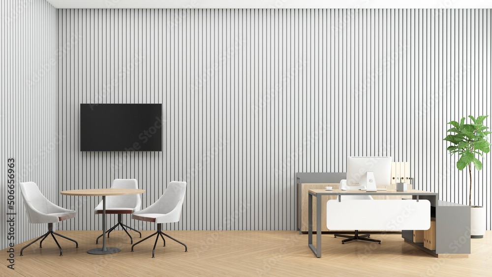 Minimalist office room with wood desk set and small conference table. 3d rendering