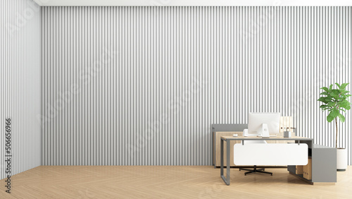 Fototapeta Naklejka Na Ścianę i Meble -  Minimalist empty room with wood desk set , gray wall and wood floor. 3d rendering