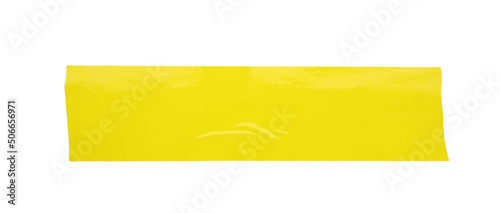 Piece of yellow adhesive tape isolated on white, top view