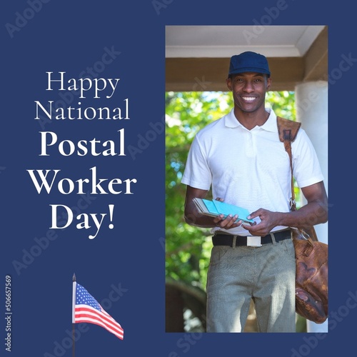 Composite of african american young postal man with mails and happy national postal worker day text