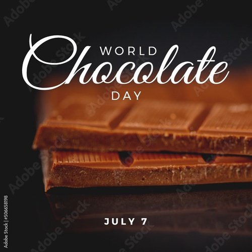Composite image of world chocolate day and july 7 text with bar of chocolates on table, copy space