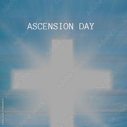 Ascension day text with cross against blue sky, copy space