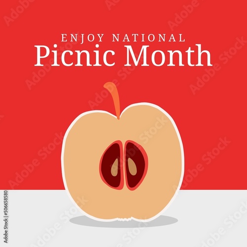 Illustration of halved apple on table and enjoy national picnic month text on red background