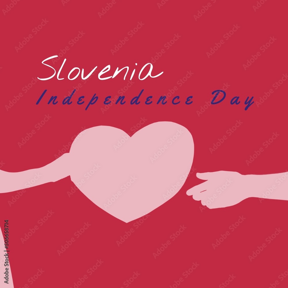 Illustration of cropped hand of woman giving heart to man and slovenia independence day text
