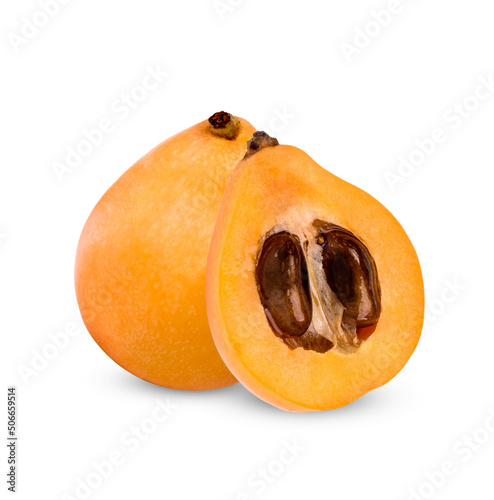 Half and whole ripe loquat fruits isolated on white background