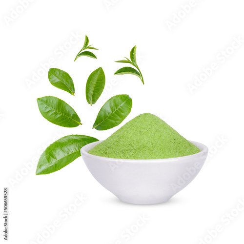Green tea powder in a white cup with leaves isolated on white background