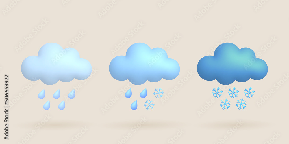 Cute 3d cartoon weather icons set. Cloud, rain, snow, rain drop, snowflake. Cute 3d cartoon weather icons set. Cloud, rain, snow, rain drop, snowflake.