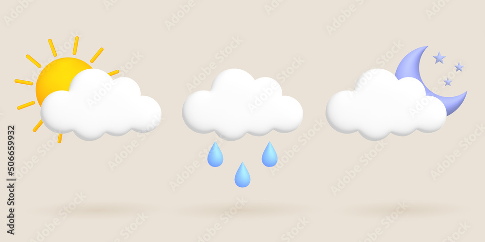 Cute 3d cartoon weather icons set. Sun, moon, cloud, rain, rain drop. Cute 3d cartoon weather icons set. Sun, moon, cloud, rain, rain drop.