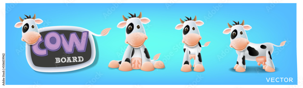 Fototapeta premium Milk cow board set, Cow blackboard, standing, sitting and different poses vector illustration