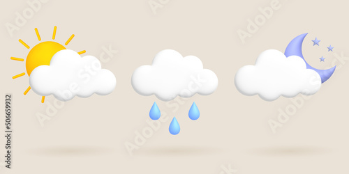 Cute 3d cartoon weather icons set. Sun, moon, cloud, rain, rain drop.