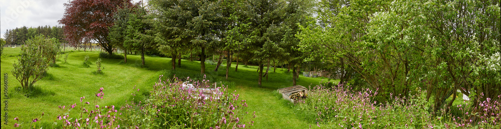 Panoramic view of moorland smallholding garden at 900ft