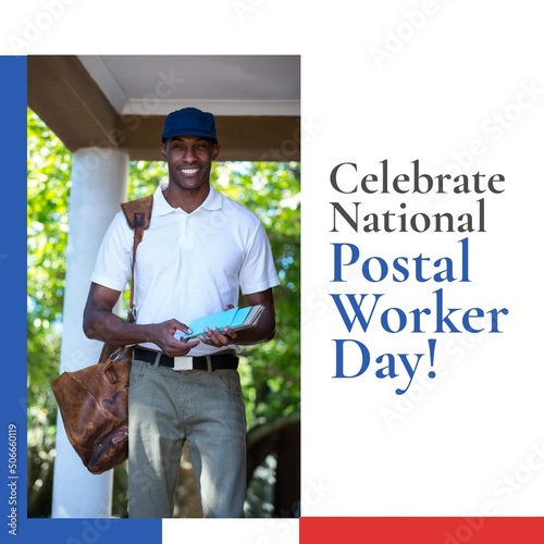 Portrait of african american young delivery man with envelopes, national postal worker day text