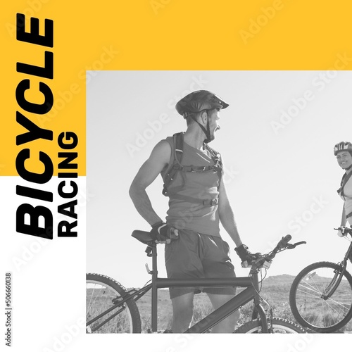 Bicycle racing text on frame and caucasian young males with bicycle against clear sky during race