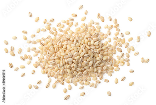 Uncooked highland barley isolated on white background, top view