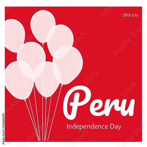 Illustration of balloons with 28th july and peru independence day text on red background, copy space
